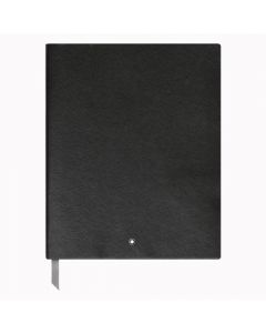 Montblanc black saffiano leather print notebook with Montblanc emblem on the front.