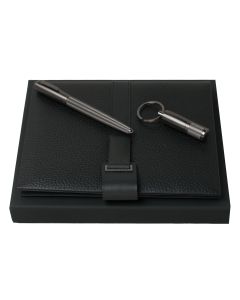 A5 Textured Leather Folder with Rollerball Pen and USB Keyring by Hugo Boss.