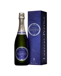 Bottle of Laurent Perrier Ultra Brut champagne comes in a blue giftbox.