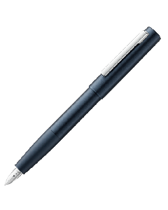 This LAMY Aion Deep Dark Blue Fountain Pen Special Edition has polished chrome accents in stainless steel. 