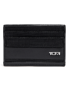Alpha Black Slim Card Case by TUMI with the brand name in silver lettering.
