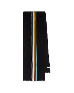 This Paul Smith Men's Wool Blend Central Stripe Black Scarf has frayed edges which create a laid back feel.