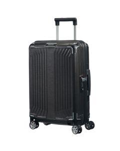 This Lite-Box Spinner Black Cabin Trolley, 55 cm by Samsonite is made out of polypropylene and has a hard-shell exterior in black with silver trims.
