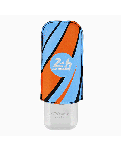 S. T. Dupont's 24H du Mans Blue & Orange Double Cigar Case has the brand name engraved on the bottom of the chrome case. 