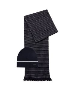 This Navy Virgin Wool Hat & Scarf Set with Logo Badge has been designed by Hugo Boss. 