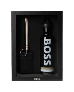 This Black Signature Stripe Water Bottle & Card Holder Gift Set is designed by BOSS.