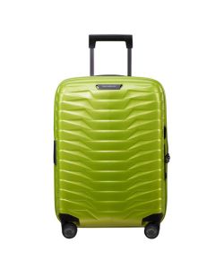Samsonite's Proxis Spinner Expandable Lime Carry On Case, 55 cm has a bright lime exterior with black trims.
