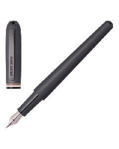 This Hugo Boss Contour Iconic Stripe Fountain Pen has a matte gunmetal barrel in a curved shape. 