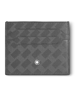 This Montblanc Extreme 3.0 6CC Forged Iron Leather Card Holder has the iconic snowcap emblem on the front and the brand name embossed on the back. 