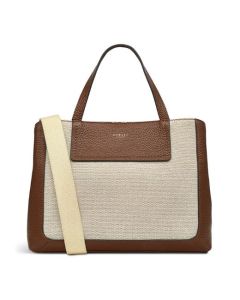 This Radley Dukes Place Brown Leather & Canvas Medium Ziptop Bag has two grab handles and a detachable crossbody strap in ecru canvas.