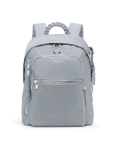 TUMI's Voyageur Halsey Backpack in Halogen Blue has multiple zip pockets on the front and internal compartments.