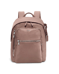 TUMI's Voyageur Halsey Backpack in Mauve has the brand name in silver lettering.