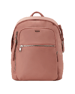 Tumi's Voyageur Dusty Pink Halsey Backpack with a marble print lining and multiple zip compartments. 