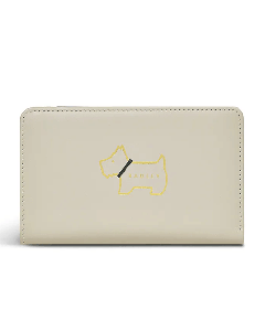 Radley's Light Grey Heritage Dog Outline Bifold Purse with Scottie Dog in gold foiling in the front. 