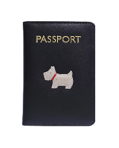 Radley's Heritage Dog Black Leather Passport Cover with gold foil detailing on the front.