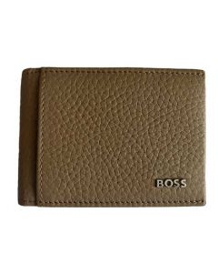 This light brown Hugo Boss wallet comes with the brand name attached to the leather on the front.