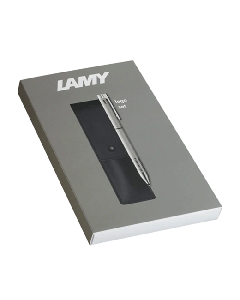 LAMY's Logo Twin Pen Set Brushed Stainless Steel comes with a leather case. 