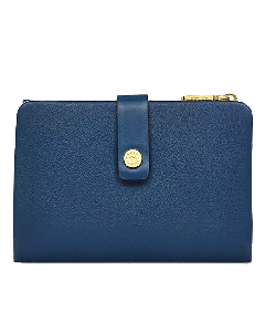 This Radley Larkswood 2.0 Deep Sea Blue Medium Bifold Purse has gold hardware that has been engraved with the Radley brand name.