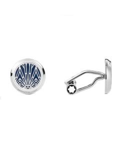 Montblanc's Meisterstück The Origin Collection Blue Cufflinks has an abstract Art Deco inspired pattern on the face with the Montblanc brand name engraved.