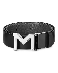 Montblanc's Reversible Black & Grey Leather 'M' Pin Buckle Belt has a plain black leather side and saffiano grey on the reverse.