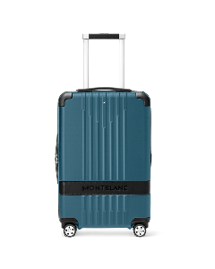 Montblanc's #MY4810 Ottanio Compact Cabin Trolley has the brand name going across the front in black polycarbonate and leather trims. 
