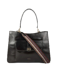Paul Smith's Brown Double Leather 'Signature Stripe' Bag has a front pocket with a flap closure and the main compartment.