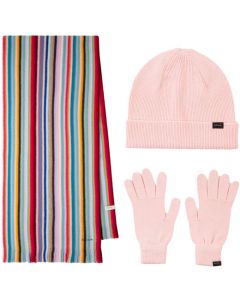 This Women's Stripe Scarf, Pink Gloves & Hat Gift Set is designed by Paul Smith. 