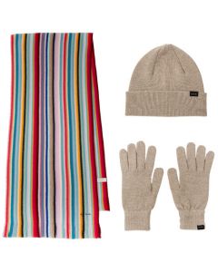 This Women's Stripe Scarf, Grey Gloves & Hat Gift Set has been designed by Paul Smith.