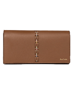 This Paul Smith Women's Brown Leather 'Signature Stripe' Purse has woven detailing on the front flap.