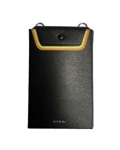 Black Straw Grain Leather Phone Wallet with Strap & Yellow Details