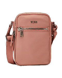 This TUMI Voyageur Dusty Pink Persia Cross Body Bag has a front zip pocket and a rear slip pocket. 