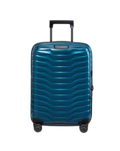 Samsonite's Proxis Spinner Expandable Petrol Blue Carry On Case, 55 cm has the brand name in a small plague on the front, with the logo on the zip pulls.