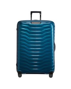 Samsonite's Proxis Petrol Blue Spinner Suitcase, 81 cm has four noise-reduced suspension wheels and interior organisation.