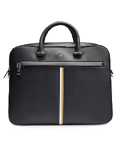 This BOSS Ray Faux Leather Signature Stripe Document Case has a front zip pocket with silver hardware.