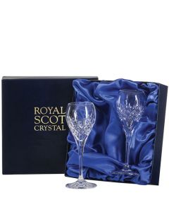 These London 2 x 11cl Port/Sherry Glasses will be presented inside a satin-lined Royal Scot Crystal presentation box. 