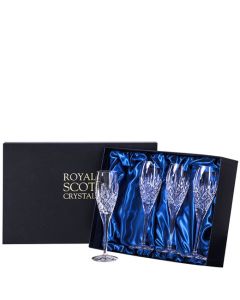 These Royal Scot Crystal London 4 x 18cl Champagne Flutes will be presented inside a luxury satin-lined gift box.