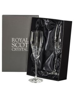 These Royal Scot Crystal Skye 2 x 25cl Champagne Flutes will be presented inside a charcoal gift box.