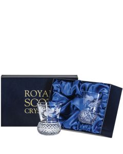 These Royal Scot Crystal Flower of Scotland 2 x 26cl Thistle Shape Whisky Tumblers will be presented inside a satin lined gift box.