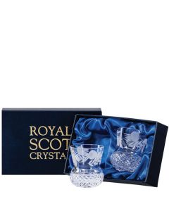 These Flower of Scotland 2 x 6cl Thistle Shape Tot Glasses will be presented inside a Royal Scot Crystal branded gift box.
