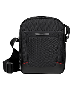 This Samsonite Pro-DLX 6 Medium Crossbody Bag in Black has gunmetal accents including a branded plaque on the front. 