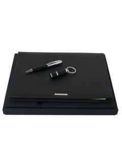 Full view of the Hugo Boss Advance gift set showing the ballpoint pen, folder and usb keyring presented on black gift set.