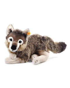 This Steiff Snorry the Dangling Wolf is made from a combination of polyacrylic and cotton and has a faux fur exterior. 