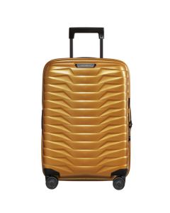 Samsonite's Proxis Spinner Expandable Honey Gold Carry On Case, 55 cm is made out of polypropylene.
