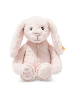 This Rose Pink My First Steiff Hoppie Rabbit measures at 26 cm tall.