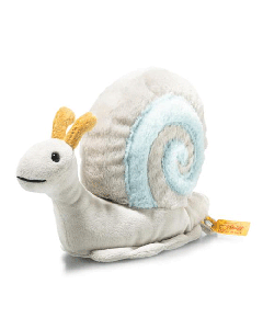 Steiff's Soft Cuddly Friends Snailly Slug is 20 cm in length and 14 cm tall with a soft plush exterior and safety eyes.