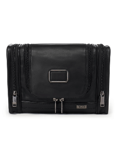 This TUMI Alpha 3 Black Leather Hanging Travel Kit has a patch on the front that can be embossed.