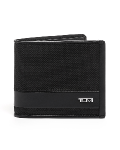 TUMI's Alpha Wallet 13CC with Flip Card Case has leather trims and a nylon exterior.