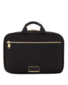 This Voyageur Black Madeline Cosmetic Case is designed by TUMI. 