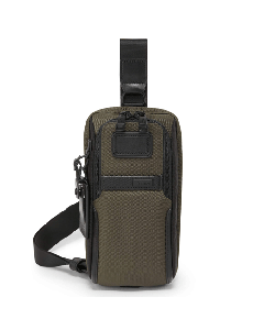 This TUMI Alpha 3 Compact Sling Bag Olive Night has an adjustable strap and a leather luggage tag. 