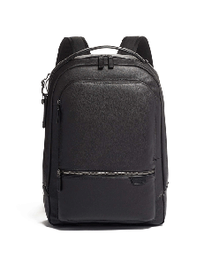TUMI's Harrison Bradner Backpack Soft-Grain Black Leather has a front zip pocket and multiple compartments. 